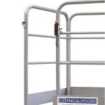 Safety handrails with kick plates and access gates with safety mechanism (lift table will not work if gate is open).